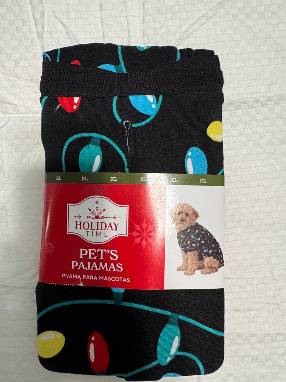 Holiday Time Pet Pajamas - Black with Red, Blue, Yellow, Teal Lights XL